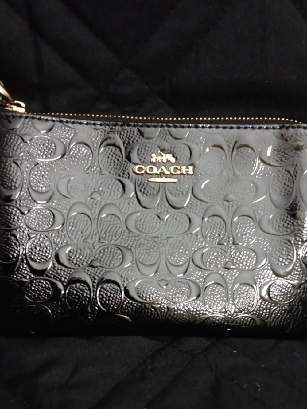 Coach Black Patent Embossed Signature Wristlet with Gold Logo